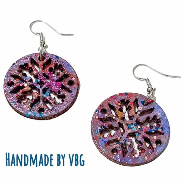 New Artisan & Hand Painted Blue Sparkly Round Snowflake Sterling Silver Earrings - Picture 3 of 7